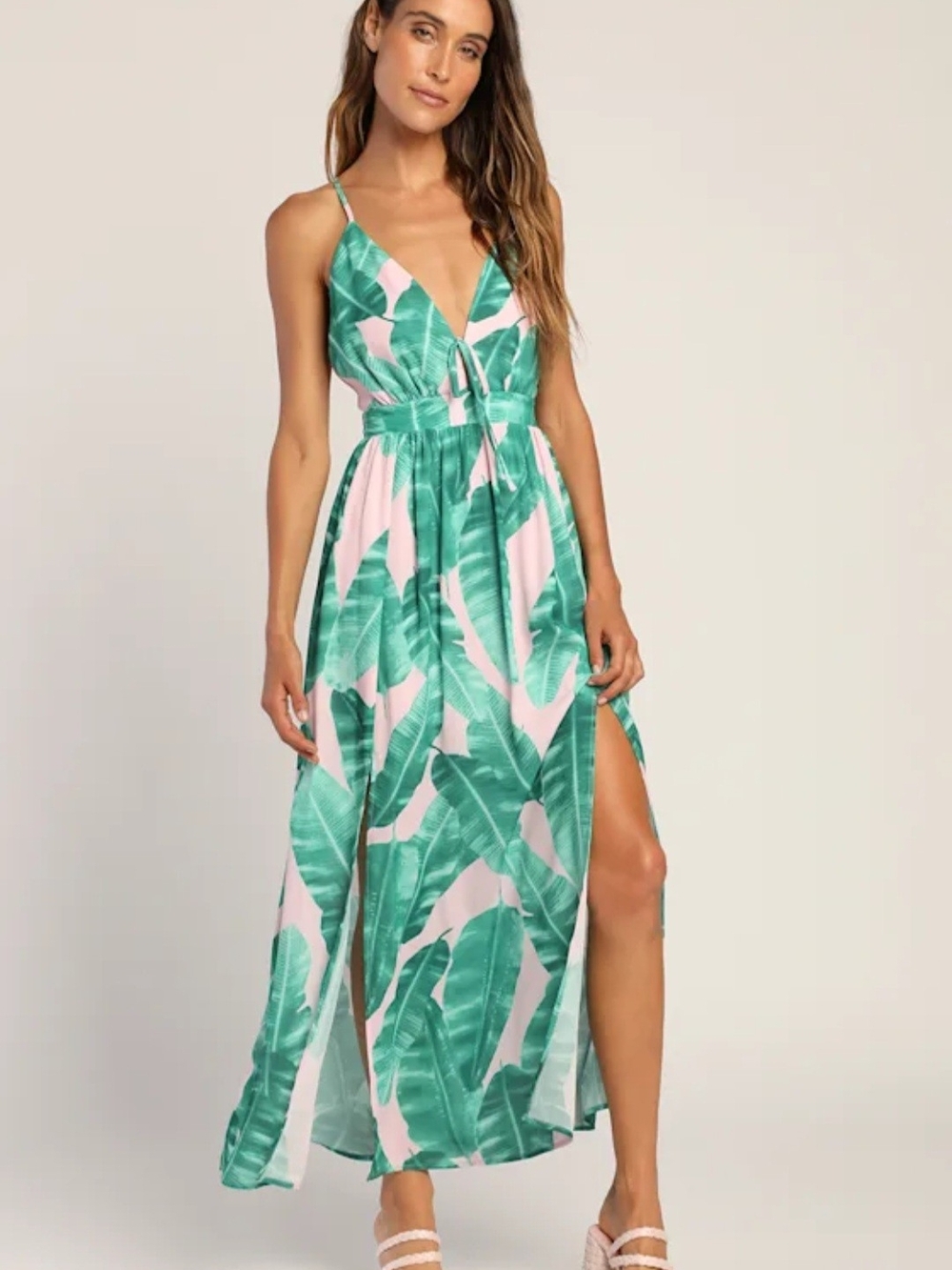 Lulu's Island Essentials Pink Leaf Print Maxi Dress NWT